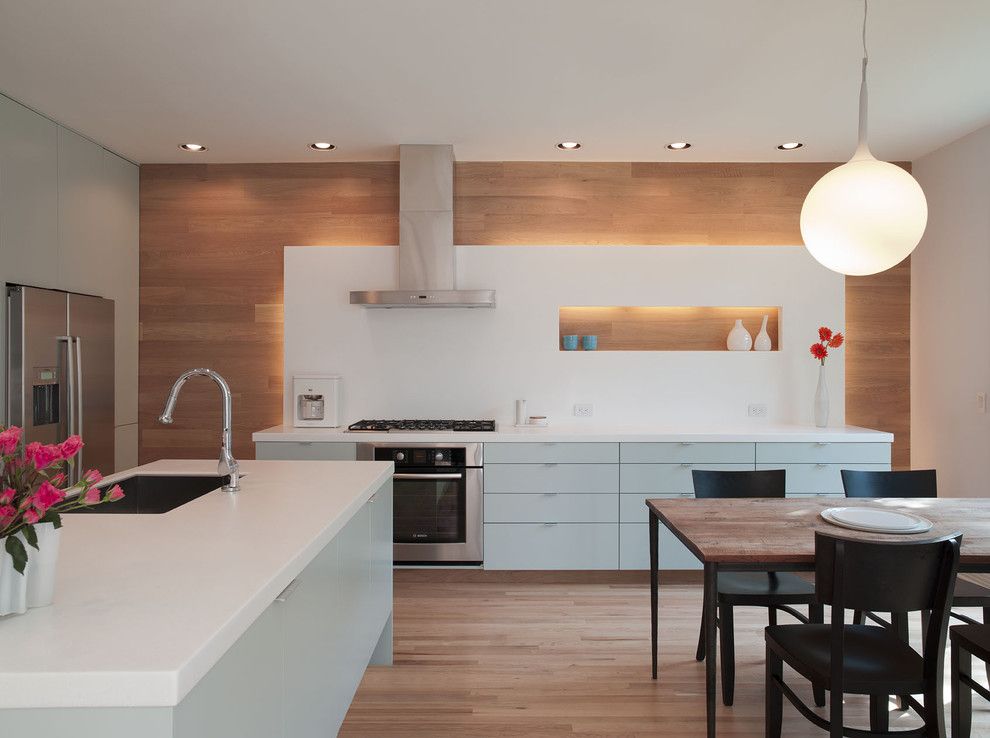 Mobern Lighting for a Modern Kitchen with a Accent Wall and Garner by Webber + Studio, Architects