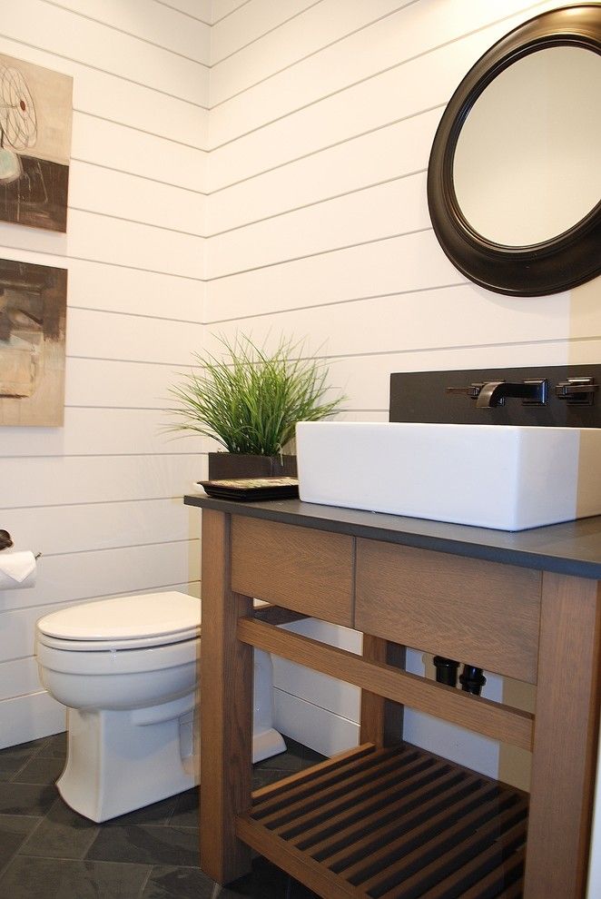 Mor Furniture Boise for a Farmhouse Bathroom with a Wood Walls and Modern Farmhouse Powder Bath by Judith Balis Interiors