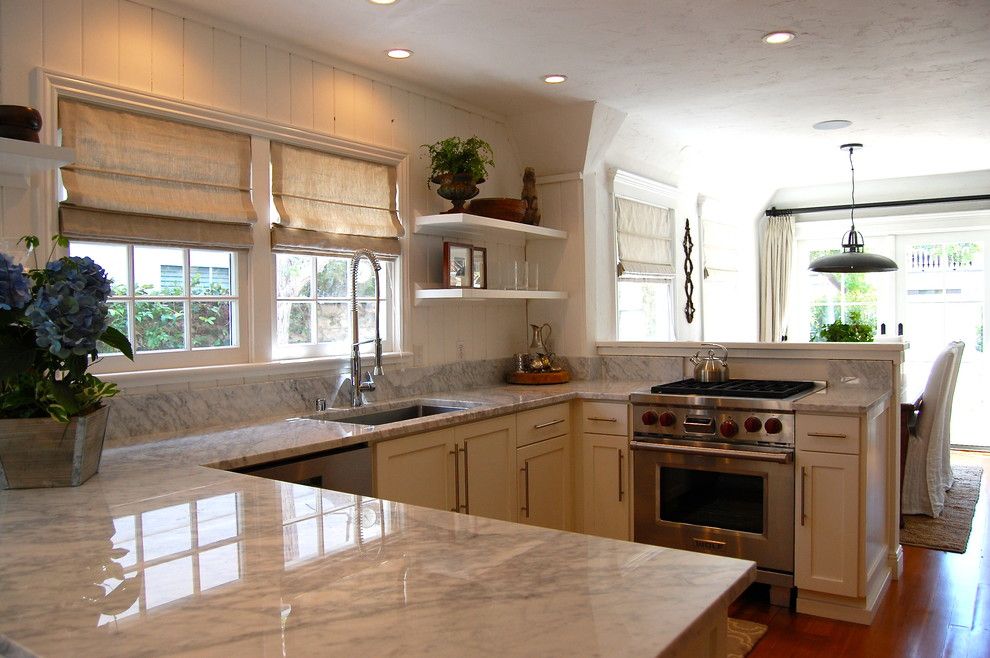 Newport Cottages for a Beach Style Kitchen with a Marble Countertops and 1925 Newport Beach Cottage Kitchen by J. Kramer Corp.