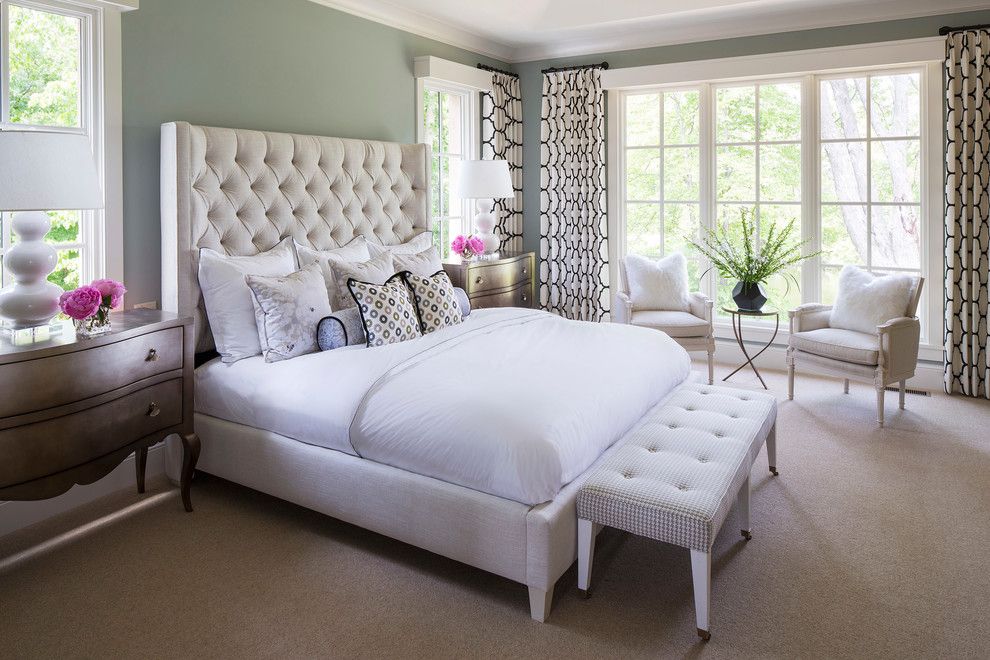 O Leary Paint for a Transitional Bedroom with a White and Black Lattice Curtains and Locust Hills Drive Residence 2 by Martha O'hara Interiors