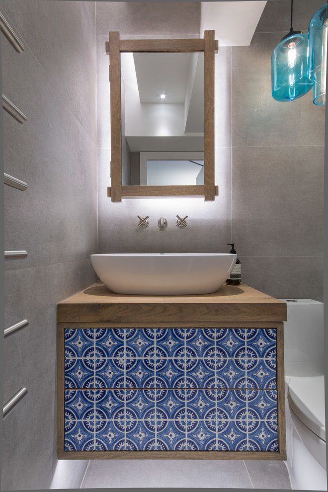 Oak Liquidators for a Contemporary Powder Room with a Turkish Inspired Tile and Fujiya Mansions Residence by Liquid Interiors Limited