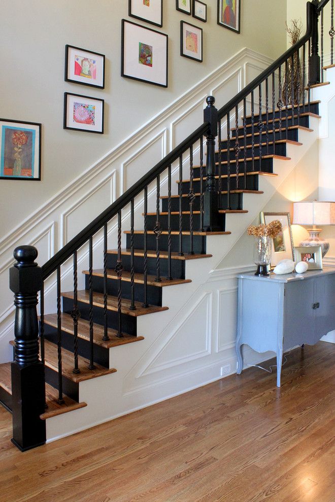 Oak Liquidators for a Traditional Staircase with a Turned Newel and Painted Black Risers by Stacy Jacobi