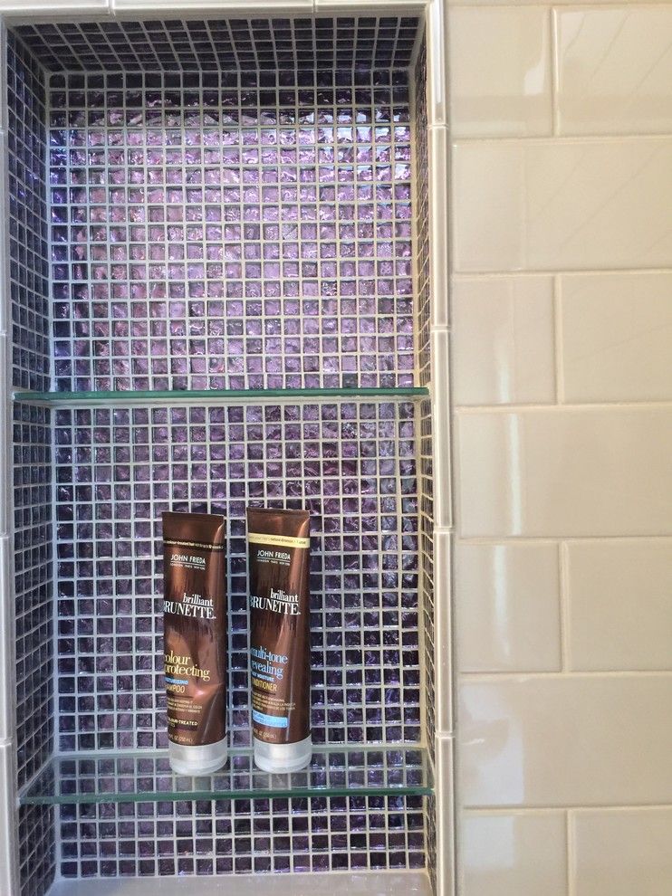 Olathe Glass for a Transitional Spaces with a Purple Tile and Bathroom Remodel in Olathe, Ks by Design Connection, Inc