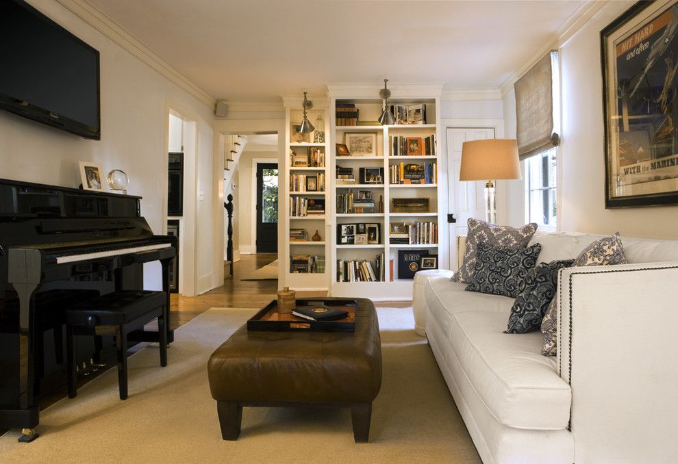 Pottery Barn Room Planner for a Traditional Family Room with a White Sofa and Dining Room by Frederick + Frederick Architects