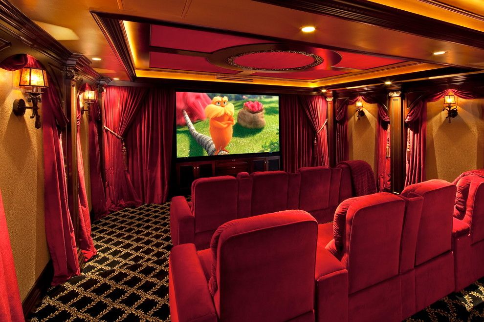 Poway Theater for a Traditional Home Theater with a Traditional Theater in Burgundy and Gold and Traditional Media Room by Blisshta.com