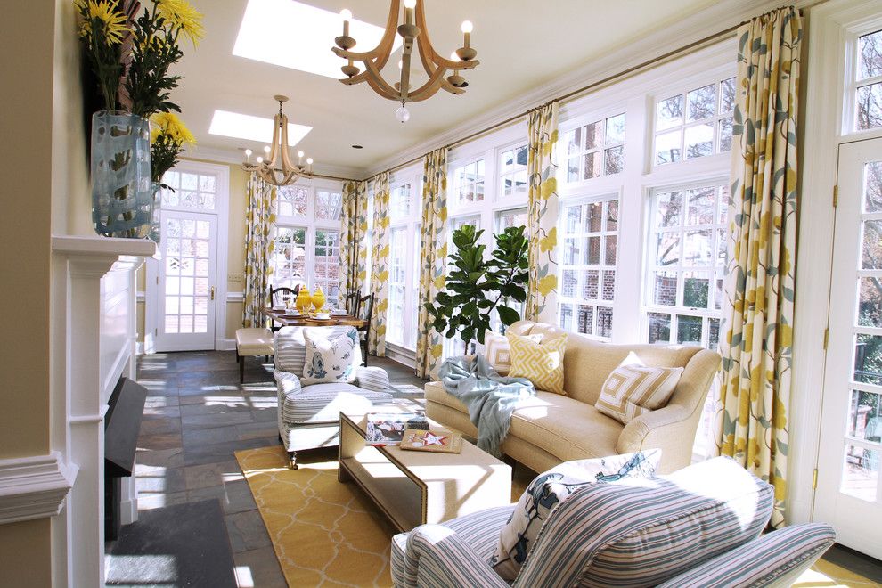 Romo Fabrics for a Transitional Sunroom with a Yellow Flowers and Living Spaces by Lucy and Company