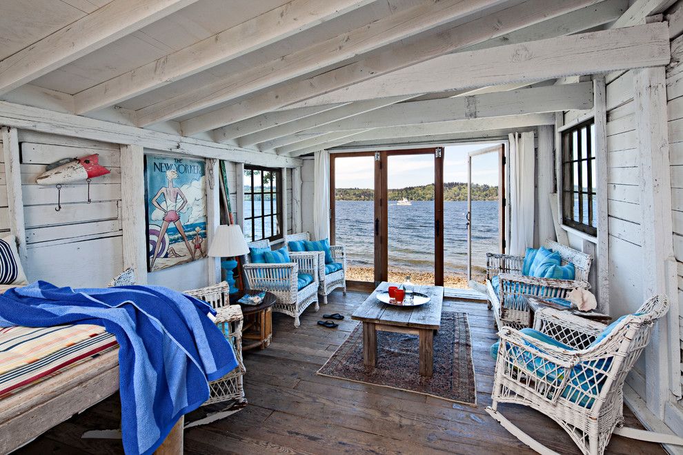 Sam Levitz Furniture for a Beach Style Family Room with a Whidbey Island Beach Cabin and Vashon Island Waterfront Home by Sam Van Fleet Photography