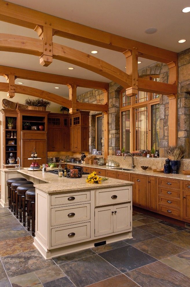 Sport Chalet La Canada for a Rustic Kitchen with a Black Round Seat Bar Stool and New Custom Home   Natural Surroundings by Great Falls Construction