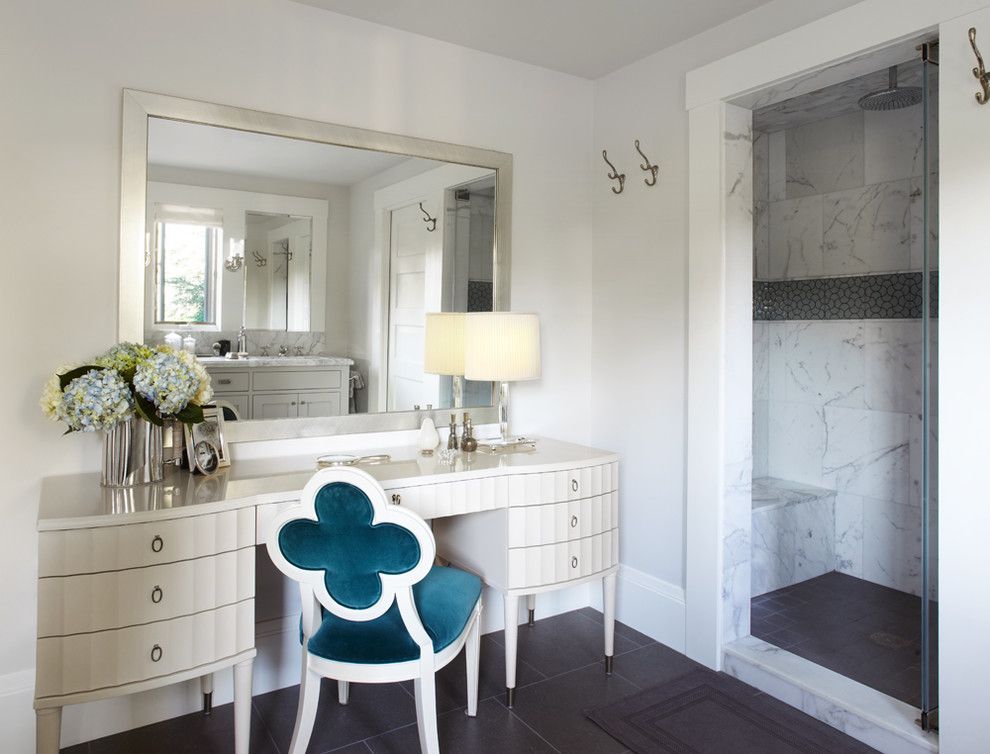 Suzanne Kasler for a Contemporary Bathroom with a Clear Glass Shower Door and Master Bath Dressing Table by Maya Design Studio