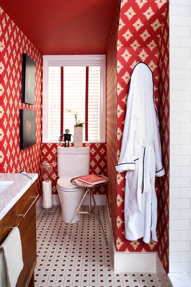 Toilet Paper Holder Height for a Eclectic Bathroom with a Wallpaper and Small Bathroom Renovation by Christopher Patrick Interiors