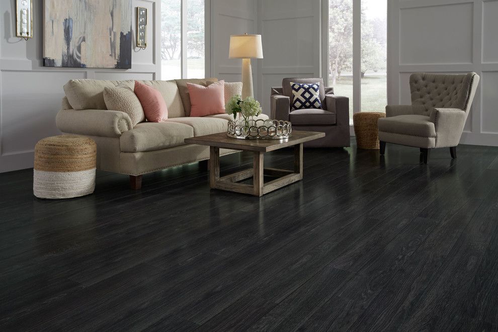 Westin Homes for a Contemporary Living Room with a Wood Coffee Table and St. James Collection by Dream Home   12mm Rock Creek Charcoal Laminate Flooring by Lumber Liquidators