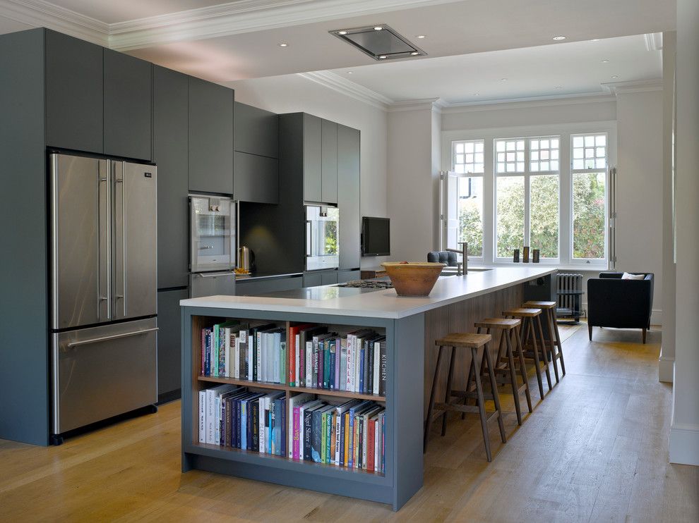 Westin Homes for a Transitional Kitchen with a Open Shelving in Kitchen Island and Roundhouse Blue Kitchens by Roundhouse