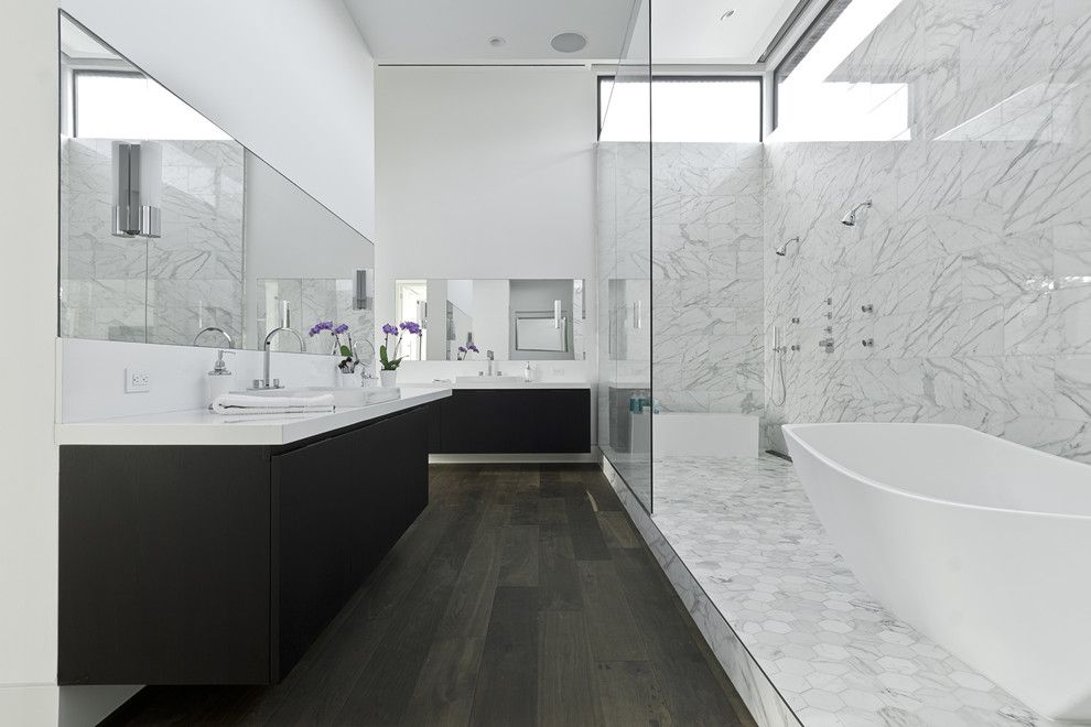 9x18 for a Contemporary Bathroom with a Prefinished Floors and Southampton by Content Architecture