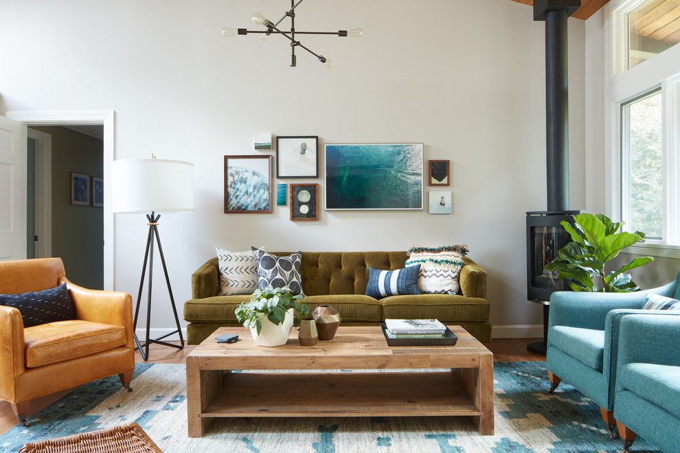 Aarons Furniture Near Me for a Transitional Living Room with a Reclaimed Wood Coffee Table and Cozy Residence by Kristina Crestin Design