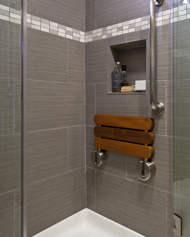 Ada Grab Bar Height for a Contemporary Bathroom with a Shower Bench and Contemporary Bathroom by Customkitchens ca.com