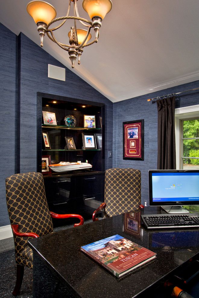 Airbase Carpet Mart for a Modern Home Office with a Vertical Wall Tile and House Blend by Teakwood Builders, Inc.