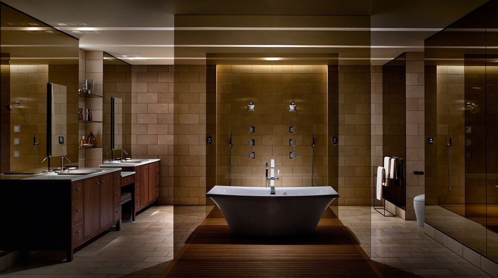 Aireco Supply for a Modern Bathroom with a Teak Floor and Kohler by Kohler