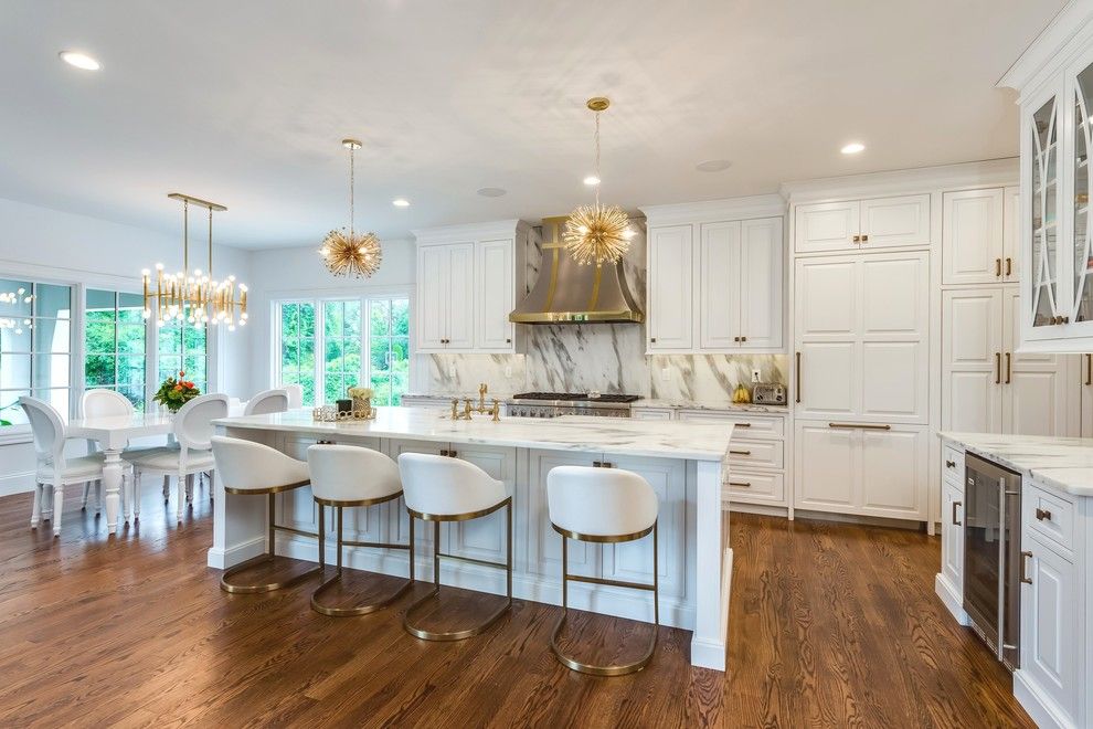 Alltex for a Transitional Kitchen with a White Leather Barstools and White + Brass Fashion Forward Kitchen by Beck/allen Cabinetry