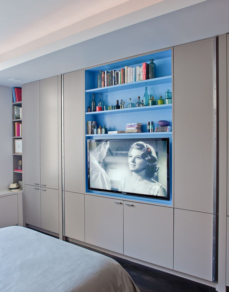 Aragon Entertainment Center for a Contemporary Bedroom with a Closet and Contemporary Bedroom by Wettling.com