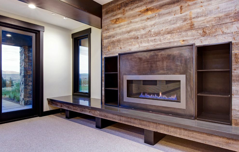 Arenson for a Modern Basement with a Metal Fireplace Facade and Glenwild by Todd Arenson Construction