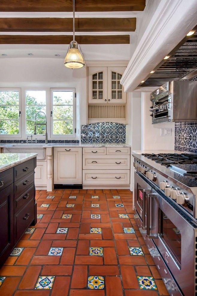 Asbestos Floor Tiles for a Mediterranean Kitchen with a White Walls and Spanish Style by Tdm Tiling