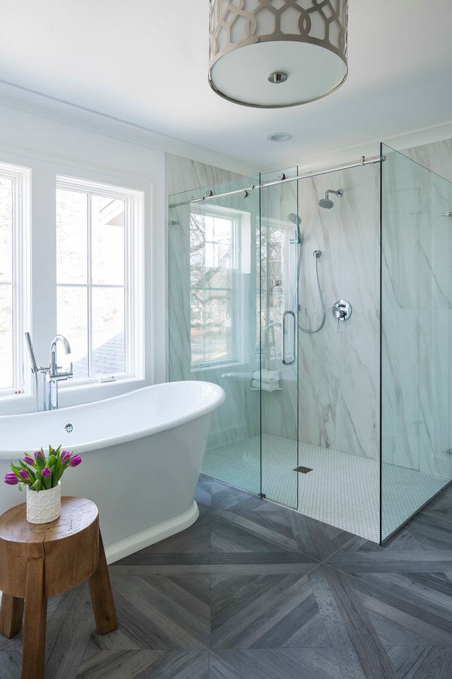 Asbestos Floor Tiles for a Transitional Bathroom with a Drum Ceiling Light and Master Bathroom by Martha O'hara Interiors