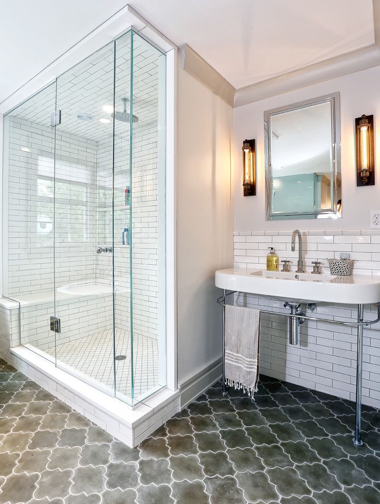 Asbestos Floor Tiles For A Transitional Bathroom With A Integrated Sink And Greenwich Remodel By Derosa Builders Llc Homeandlivingdecor Com