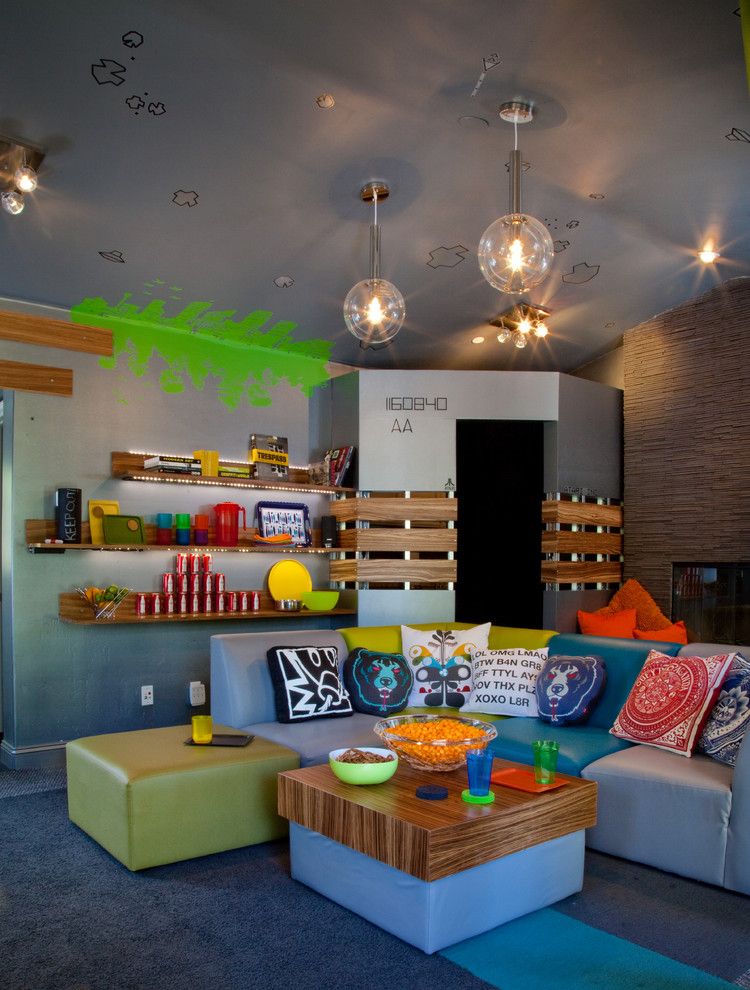 Avanti Furniture for a Eclectic Kids with a Teal and Teenage Video Lounge by Kropat Interior Design