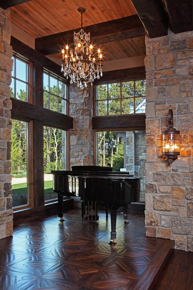 Baby Grand Piano Dimensions for a Rustic Entry with a Exposed Wood Beams and Old World Deer Lodge Estate by James Mcneal Architecture and Design