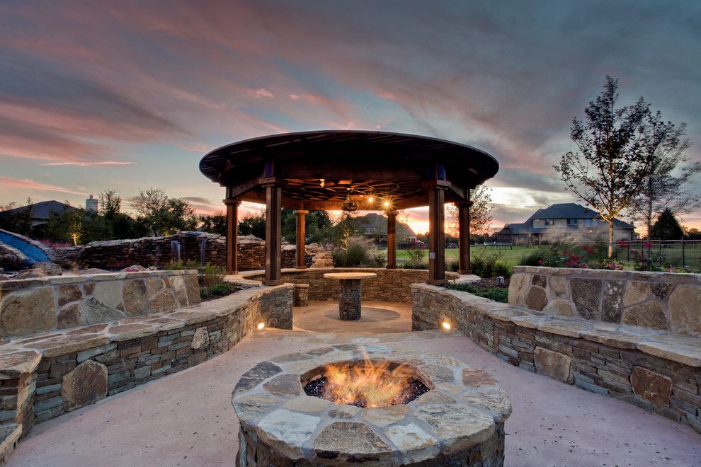 Backyard Bbq Pit for a Tropical Landscape with a Fire Pit with Fire Glass and Aquarius   Custom Swimming Pool   Flower Mound, Tx by One Specialty Landscape Design, Pools & Hardscape