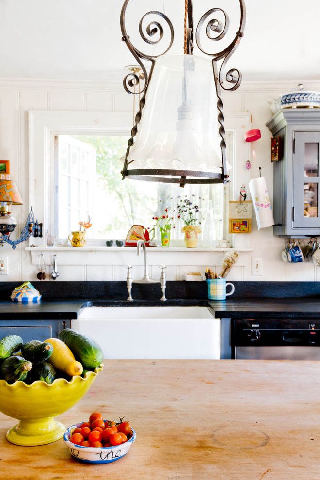 Bamboo Cutting Board Care for a Farmhouse Kitchen with a Pendant Lighting and My Houzz: An Antique Cape Cod House Explodes with Color by Rikki Snyder