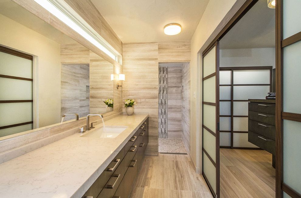 Barn Door San Antonio for a Contemporary Bathroom with a Oak Floor and La Jolla Master Suite by Springfield Design