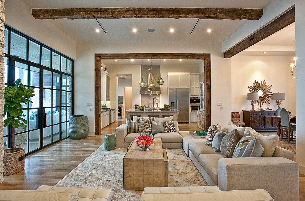 Basketball Court Layout for a Transitional Living Room with a Wood Beams and Cat Mountain Residence by Cornerstone Architects