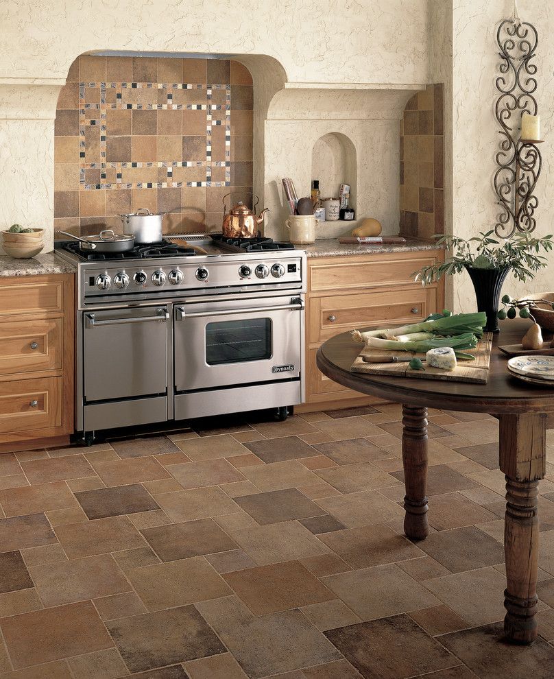 Bella Terra Theater for a Modern Kitchen with a Beige Tile Floor and Kitchen by Carpet One Floor & Home