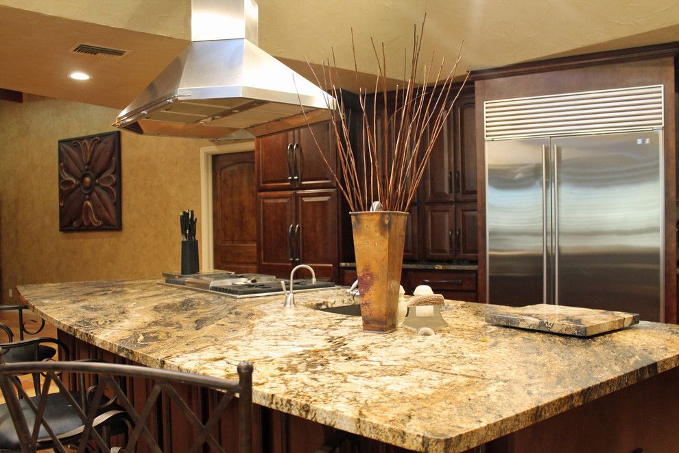 Belterra Austin for a Contemporary Kitchen with a Natural Stone Backsplash and Traditional Rustic Kitchen Design by Tukasa Creations, Inc.