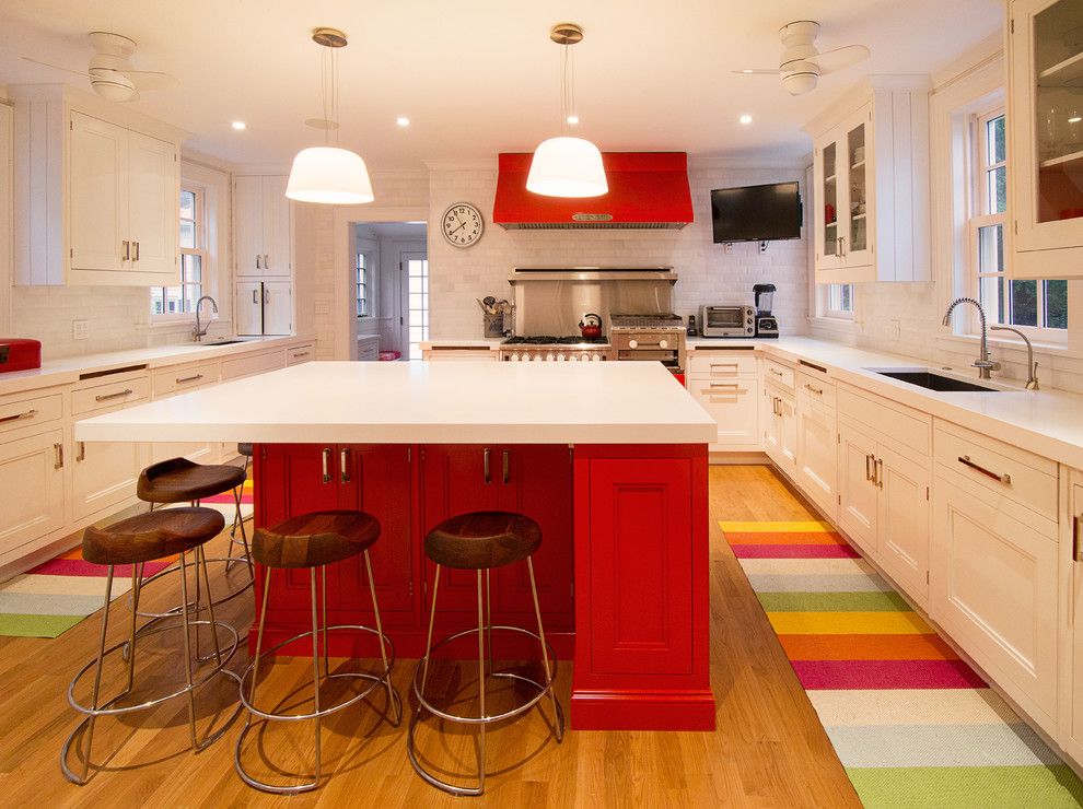 Benjamin Moore Whites for a Transitional Kitchen with a Wood Bar Stools and Red Kitchen by Phinney Design Group