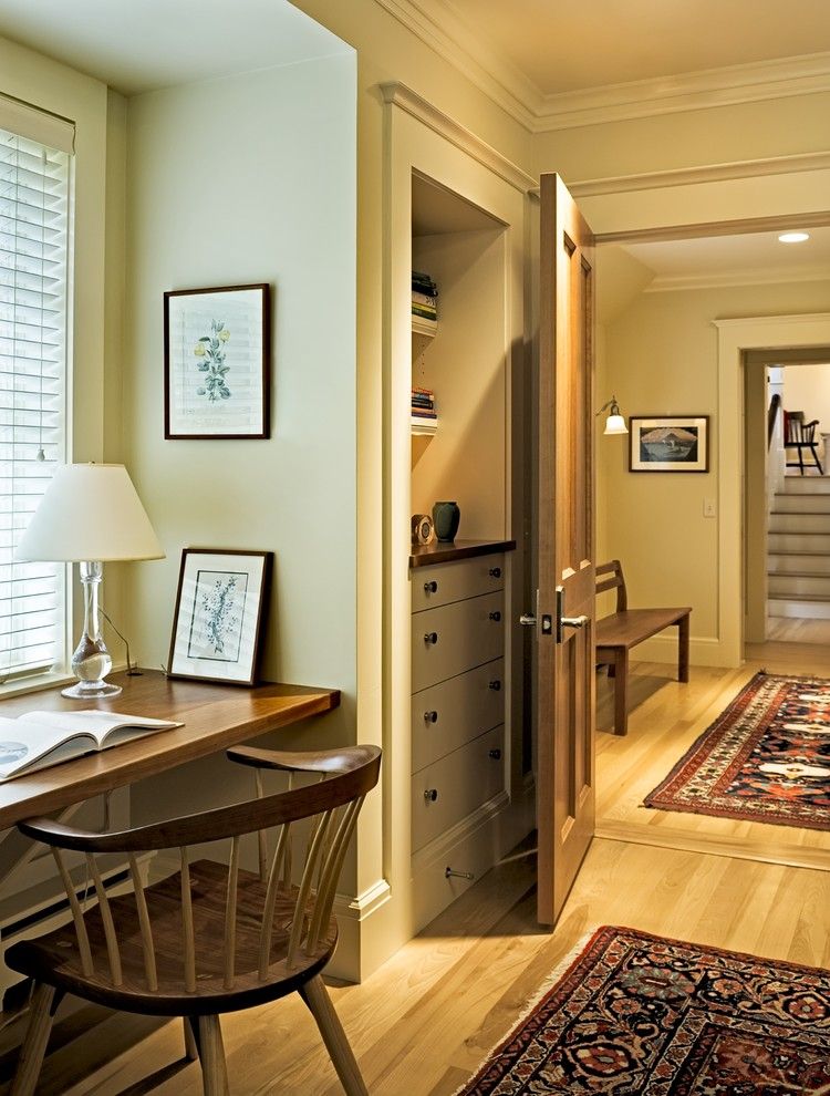 Benjamin Moore Whites for a Victorian Home Office with a Built in Desk and Shingle Style Home in Hanover Nh by Smith & Vansant Architects Pc