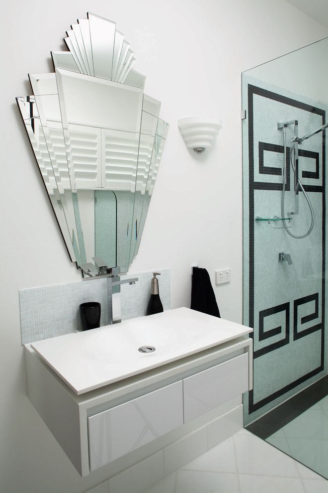 Beveled Edge for a Contemporary Bathroom with a Handheld Shower Head and Art Deco by French Interior Design Studio