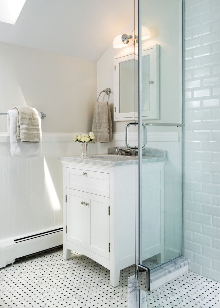 Beveled Edge for a Traditional Bathroom with a Subway Tiles and Chevy Chase Guest Bath by Haus Interior Design