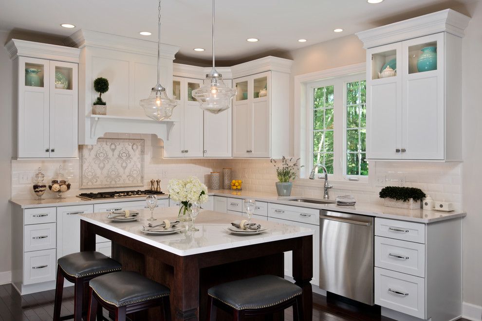 Beveled Edge for a Transitional Kitchen with a Balboa Mist and Transitional White Kitchen by Kitchen and Bath World, Inc