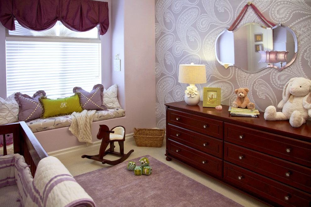 Beverly Fabrics for a Traditional Nursery with a Brown Dresser and Purple & Green Nursery   Mission Viejo, Ca by Rockabye Mommy, Llc