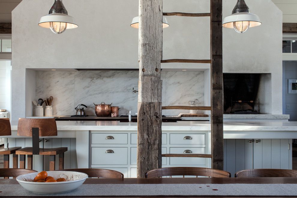 Bravos Pizza for a Traditional Kitchen with a Ladder and Vintage Barn Frame Addition to Dutch Stone House by Kate Johns Aia