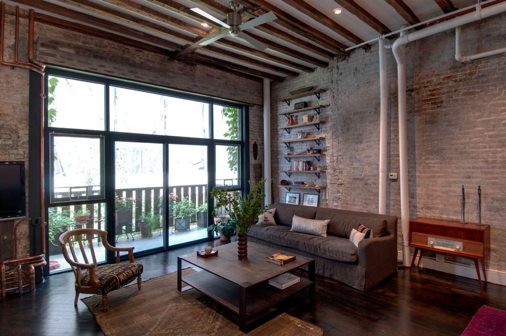 Brick Wall Waterfall for a Industrial Living Room with a Wood Shelves and Reiko Feng Shui Interior Design   Loft Renovation by Reiko Feng Shui Design