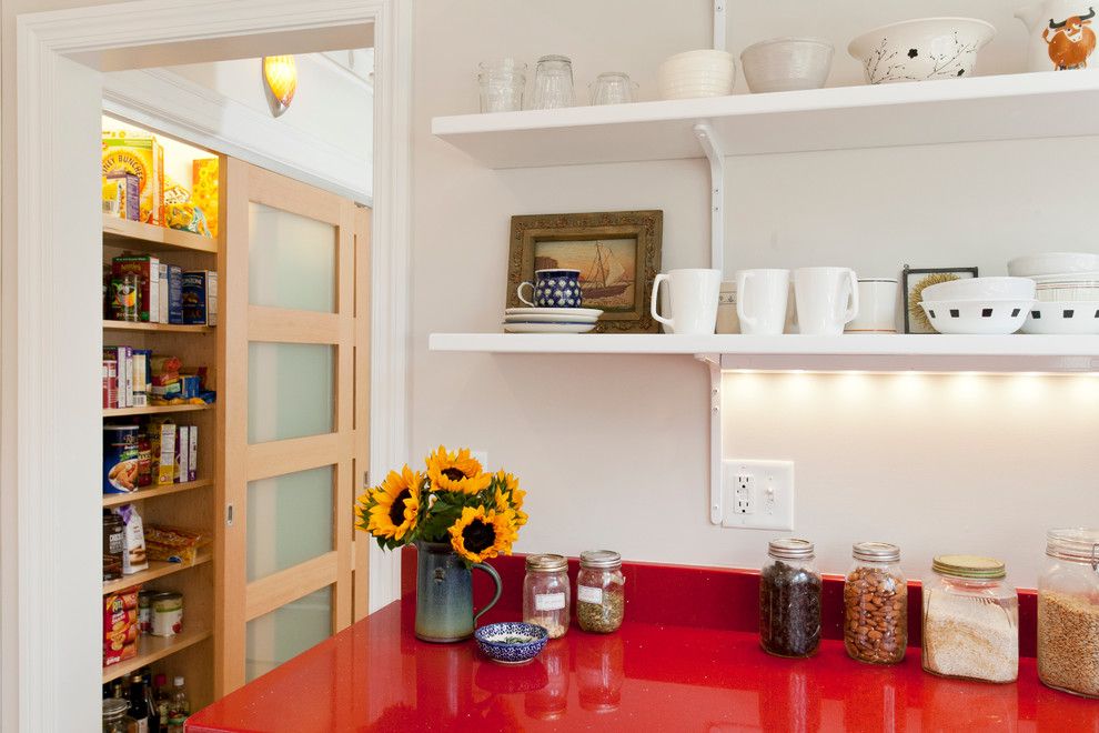 Brosco Doors for a Scandinavian Kitchen with a Jotul and Frosted, Sliding Pantry Doors by Kitchen & Bath Design + Construction