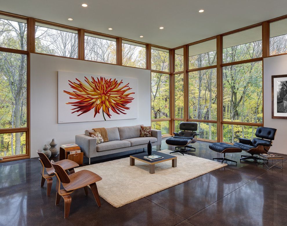 Buckeye Heating and Cooling for a Contemporary Living Room with a Floor to Ceiling Windows and Fieldstone House by Bruns Architecture