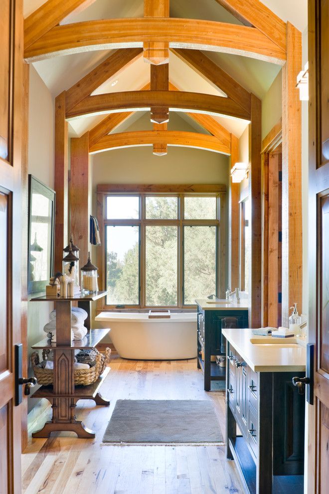 Cabin John Md for a Rustic Bathroom with a Freestanding Bathtub and True Residence by Alan Mascord Design Associates Inc