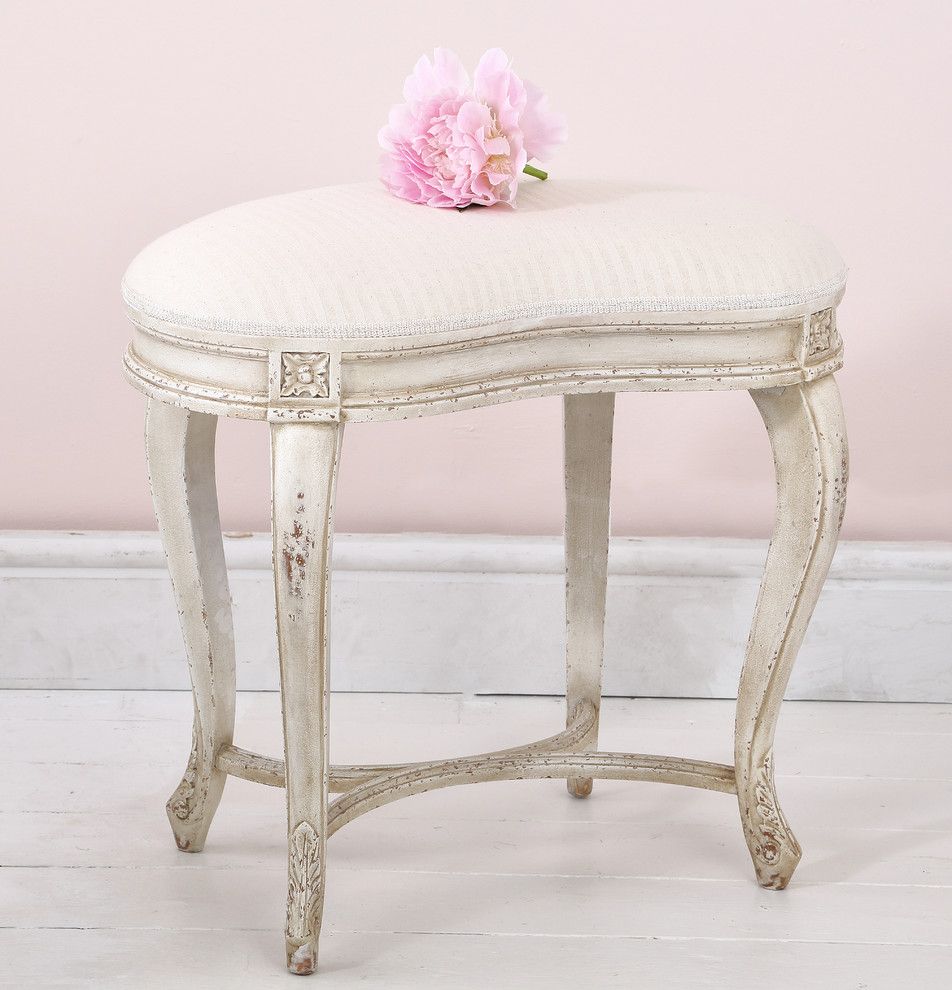 Cabriole for a  Bedroom with a Seating and Delphine Distressed Painted Stool in a Pink Bedroom by the French Bedroom Company