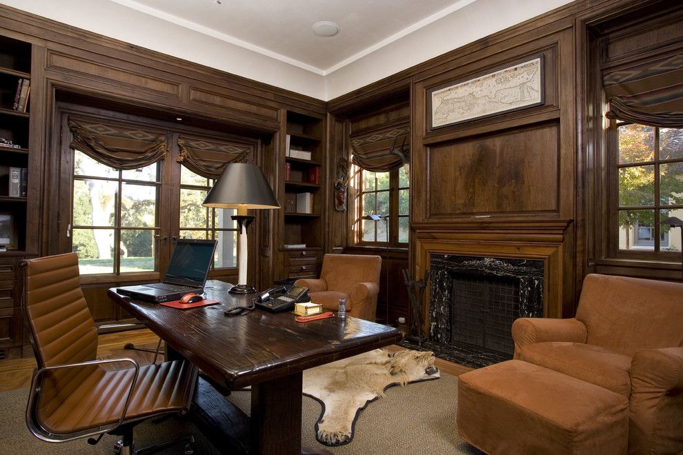 California Grizzly Bear for a Mediterranean Home Office with a Task Chair and Spanish Colonial Hacienda, Carmel, California by John Malick & Associates