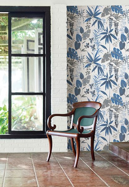 Catalina Flower for a Tropical Spaces with a Watercolor Floral Wallpaper and Descano Flower Blue Botanical Wallpaper by Brewster Home Fashions