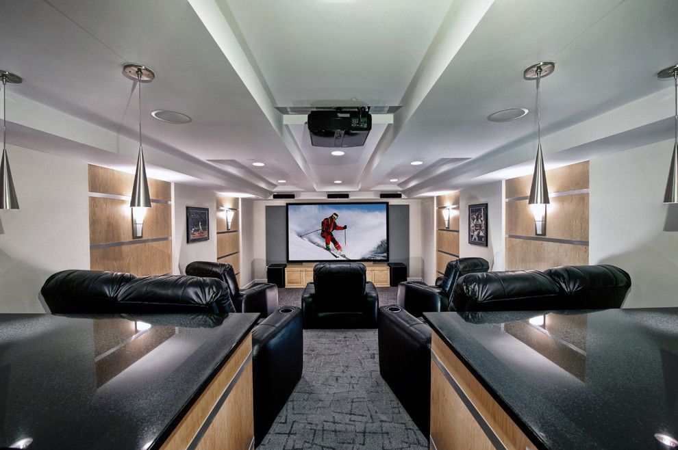 Champlin Movie Theater for a Contemporary Home Theater with a Wood Wall Panels and Ashburn Contemporary Basement   Theatre Area by Synergy Design & Construction